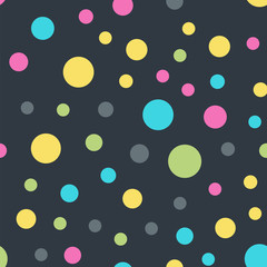 Colorful polka dots seamless pattern on black 10 background. Marvelous classic colorful polka dots textile pattern. Seamless scattered confetti fall chaotic decor. Abstract vector illustration.