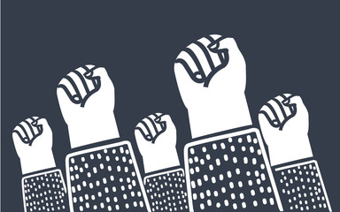Clenched fists raised in protest. Retro style poster. Protest, strength, freedom, revolution, rebel, revolt concept. 