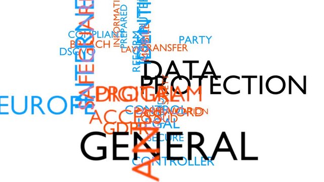 GDPR, DSGVO - general data protection regulation word tag cloud. 3D rendering, loop able, white variant, UHD