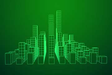 Obraz premium Mesh low poly wireframe cubes array like skyscraper city. Connected lines town. Connection Box Structure. Digital Data Visualization Concept. Vector Illustration.