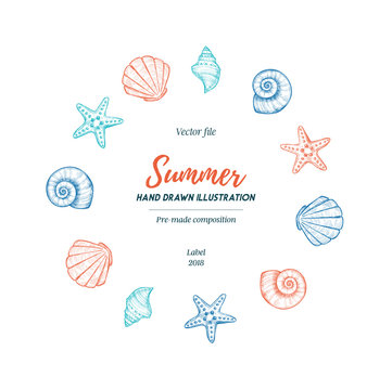 Summer seashell label. Hand drawn vector illustration. Marine pre-made composition. Perfect for invitations, greeting cards, posters, prints, banners, flyers etc