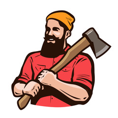 Lumberjack, axeman with axe in hands. Carpentry, woodworker, sawmill concept. Cartoon vector illustration