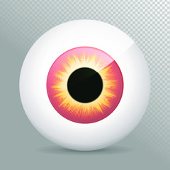 EyeballyellowEye, red. Realistic 3d red eyeball vector illustration. Real human iris,pupil and eye sphere. Icon on transparent background. Isolated macro color eyeball. Character eyes design. Circle c