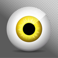 EyeballyellowEye, yellow. Realistic 3d orange eyeball vector illustration. Real human iris,pupil and eye sphere. Icon on transparent background. Isolated macro color eyeball. Character eyes design. Ci