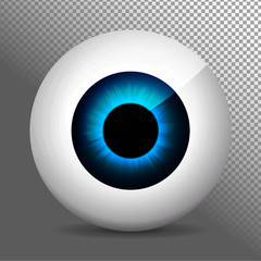 Eye, blue. Realistic 3d indigo eyeball vector illustration. Real human iris,pupil and eye sphere. Icon on transparent background. Isolated macro color eyeball. Character eyes design. Anatomy close up.