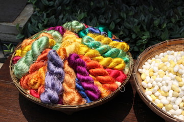 Bowl of  Variety coloured silk yarn at Thailand
