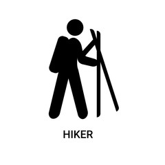 hiker icon on white background, in black, vector icon illustration