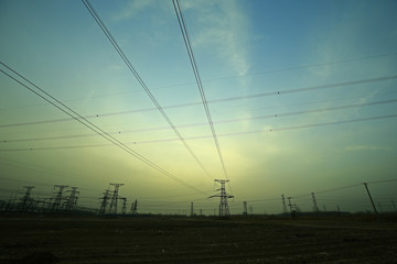 Pylon, high-voltage tower sky background.