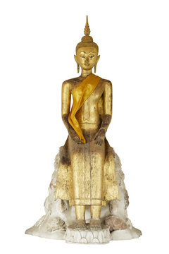 sitting old Buddha image in the temple made from mental, Rattanakosin age, Thailand