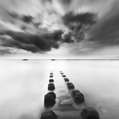 Black and white long exposure of sea rocks in Miura Peninsula, Kanagawa Prefecture, Japan