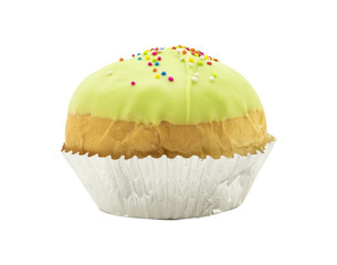 chocolate coated bun cupcake isolated on white background