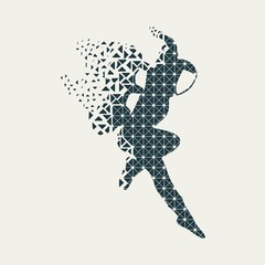 Astronaut in spacesuit. Flying silhouette of a spaceman textured by lines and dots pattern. Particles emission. Fantastic person