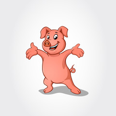 Pig in welcoming gesture. Happy smiling pig cartoon character 
