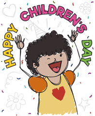 Happy Brunette Girl Celebrating Children's Day with Confetti, Vector Illustration