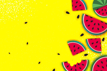 Image of Watermelon Super Summer Sale Banner in paper cut style. Origami juicy ripe watermelon slices. Healthy food on yellow. Square frame for text. Summertime. printed on Printed Glass Splashbacks