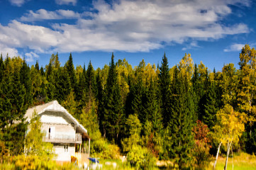 Vivid orange, yellow and green tones with house reflect in water on an early morning fall day