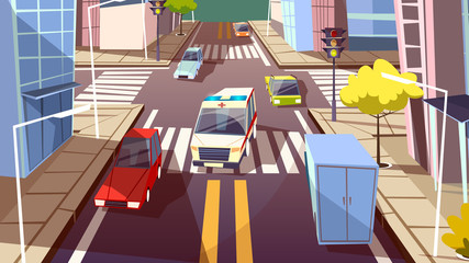 City street and ambulance car vector illustration. Cartoon flat deisgn or urban traffic road and transport cars giving way to medical ambulance with emergency lights © vectorpouch