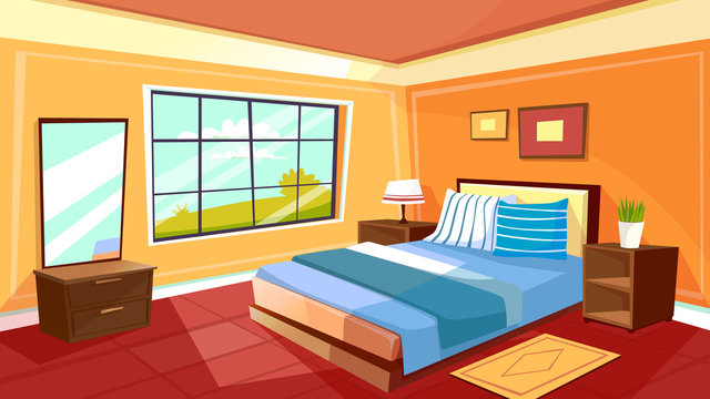 Vector cartoon bedroom interior background template. Cozy modern house room  in morning light. Illustration with sofa, mirror, big window, nightstand  with lamp, carpet, plant in pot, wall pictures Stock Vector | Adobe