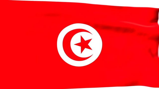 The waving flag of Tunisia opens up the view to the position of Tunisia on a colored world map