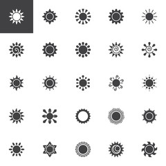 Sun vector icons set, modern solid symbol collection, filled style pictogram pack. Signs, logo illustration. Set includes icons as sunbeams, sunrise, sunset, solar, star, sunshine, sunburst summer