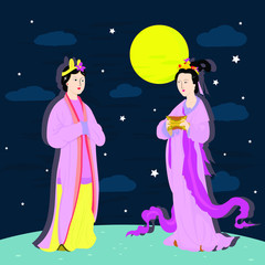 vector set for Chinese women of Yuen or Mongol dynasty with sky background