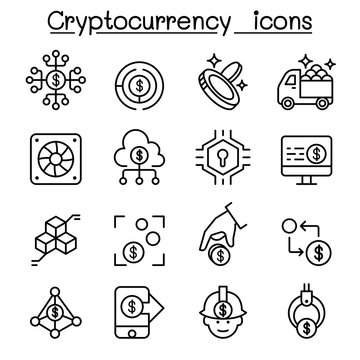 Cryptocurrency icon set in thin line style