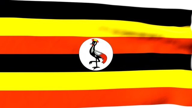 The waving flag of Uganda opens up the view to the position of Uganda on a colored world map