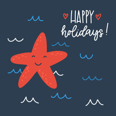 Cute sea star in blue sea. Happy holidays hand lettering. Vector illustration - 200483883