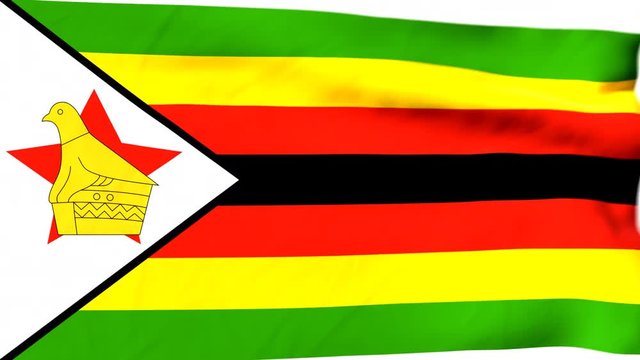 The waving flag of Zimbabwe opens up the view to the position of Zimbabwe on a colored world map