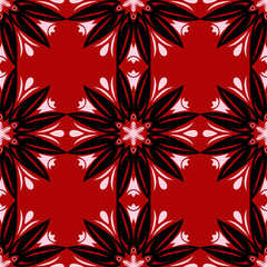 Fototapeta na wymiar Red seamless pattern with black and white floral design