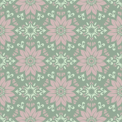 Olive green floral seamless pattern with pale pink elements. Background with flower designs