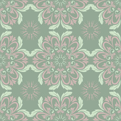 Floral seamless pattern. Olive green background with pale pink flower elements