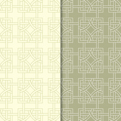 Olive green geometric ornaments. Set of seamless patterns