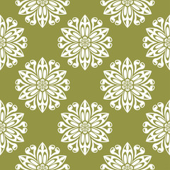 White flower on olive green background. Seamless pattern