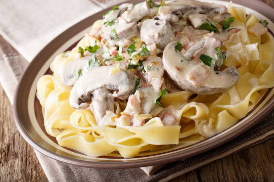 Noodles with creamy sauce, mushrooms, bacon and onions close-up on a plate. horizontal