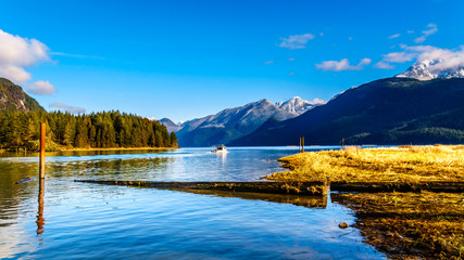 Fishing Boat heading up Pitt Lake with the Snow Capped Peaks of the Golden Ears, Tingle Peak and other Mountain Peaks of the Coast Mountain Range in the Fraser Valley of British Columbia, Canada