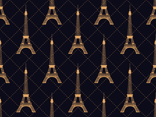 Art deco seamless pattern with eiffel tower. Gold color. Places of interest in Paris, France. Style of the 1920s - 1930s. Vector illustration