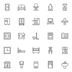 Home furniture outline icons set. linear style symbols collection, line signs pack. vector graphics. Set includes icons as door, sofa household furniture, office chair, mirror, kitchen scales, fridge