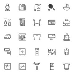 Hotel outline icons set. linear style symbols collection, line signs pack. vector graphics. Set includes icons as bell boy, fax machine, fire extinguisher, tennis racket and ball, hotel building