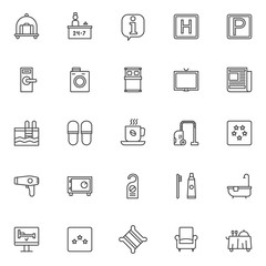 Hotel elements outline icons set. linear style symbols collection, line signs pack vector graphics. Set includes icons as hotel luggage cart with suitcase, reception service and receptionist, parking 