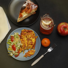 Breakfast Food Omlette Eggs Fruit Tea Black Background Top view