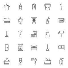 Household outline icons set. linear style symbols collection, line signs pack vector graphics. Set includes icons as hanger with shirt, detergent bottle, sponge, bucket, floor lamp, clean brush, apron