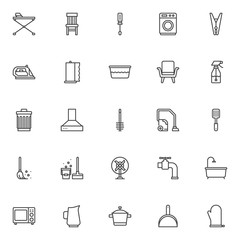 Household equipment outline icons set. linear style symbols collection, line signs pack. vector graphics. Set includes icons as ironing board, chair, screwdriver, washing machine, clothes pin, iron