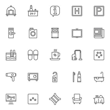 Hotel elements outline icons set. linear style symbols collection, line signs pack vector graphics. Set includes icons as hotel luggage cart with suitcase, reception service and receptionist, parking 