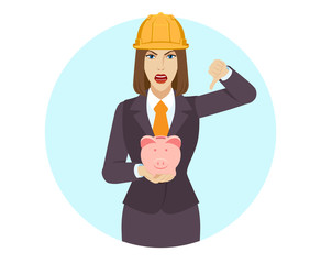 Businesswoman holding a piggy bank and showing thumb down gesture as rejection symbol