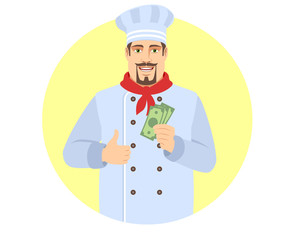 Chef  with cash money showing thumb up