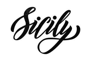 Vector lettering of  word Sicily. Modern calligraphy. As template of logotype, label, icon, tag,  banner. Inscription for packing product to store, for journal, flyer.