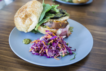 Burger with Portobello mushroom, sweet potato, cabbage slaw