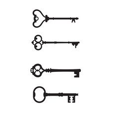 Set antique keys for locks different shapes vector icon. Vector icon old keys isolated on white background. Black vintage keys vector.