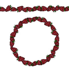 Raspberry and Green Leaves Endless Brush, Border. Round Wreath with Summer Berries. Greeting Card Pattern. Realistic Hand Drawn Illustration. Savoyar Doodle Style.